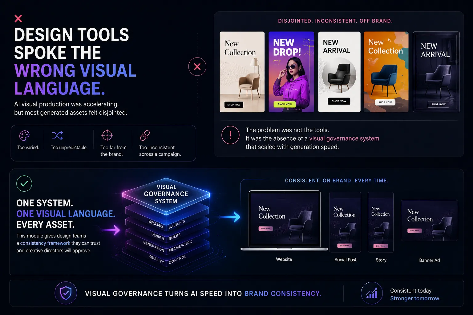 Dark marketing infographic: left column states 'DESIGN TOOLS SPOKE THE WRONG VISUAL LANGUAGE' with gradient purple text; right column shows a row of five product cards (New Collection, New Drop!, New Arrival) in a curved panel, plus a note about visual governance issues.
