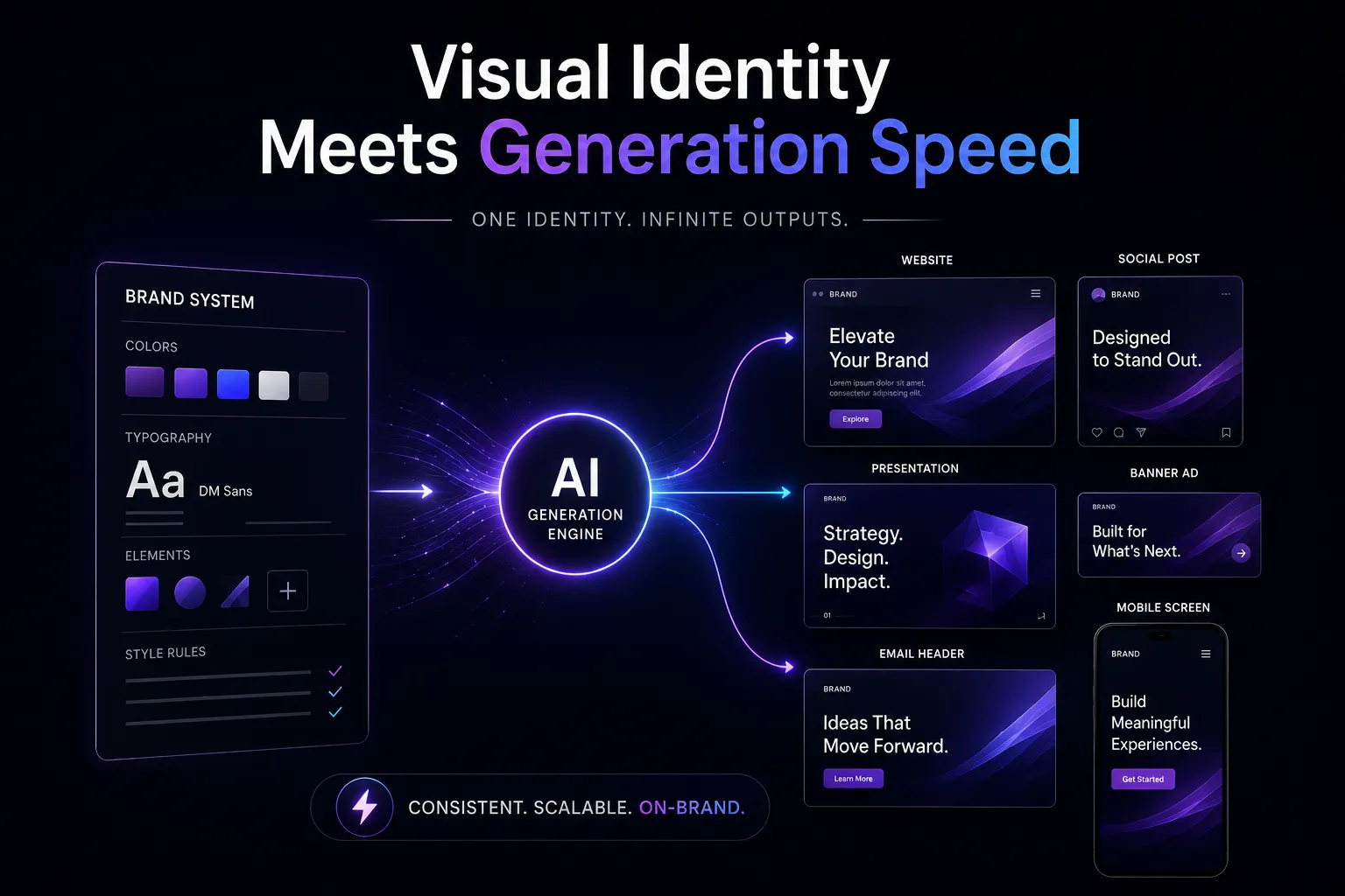 AI generation engine at center with purple glow connects to brand assets (website, social post, presentation, banner ad, mobile screen) on dark background.