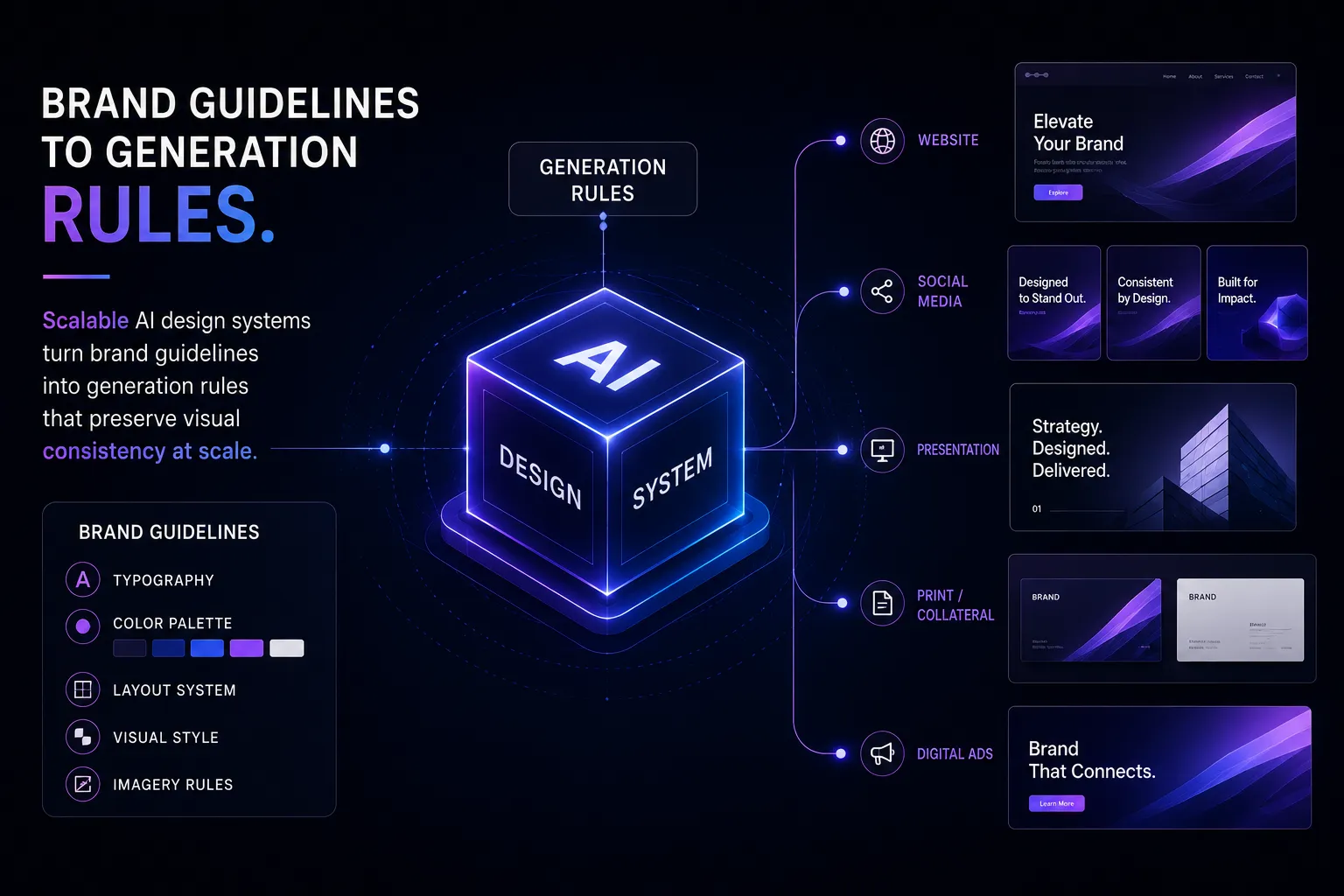 Neon AI design system cube labeled 'AI' and 'Design System' with connected guidelines graphics on dark background, showing brand rules flow left to right.