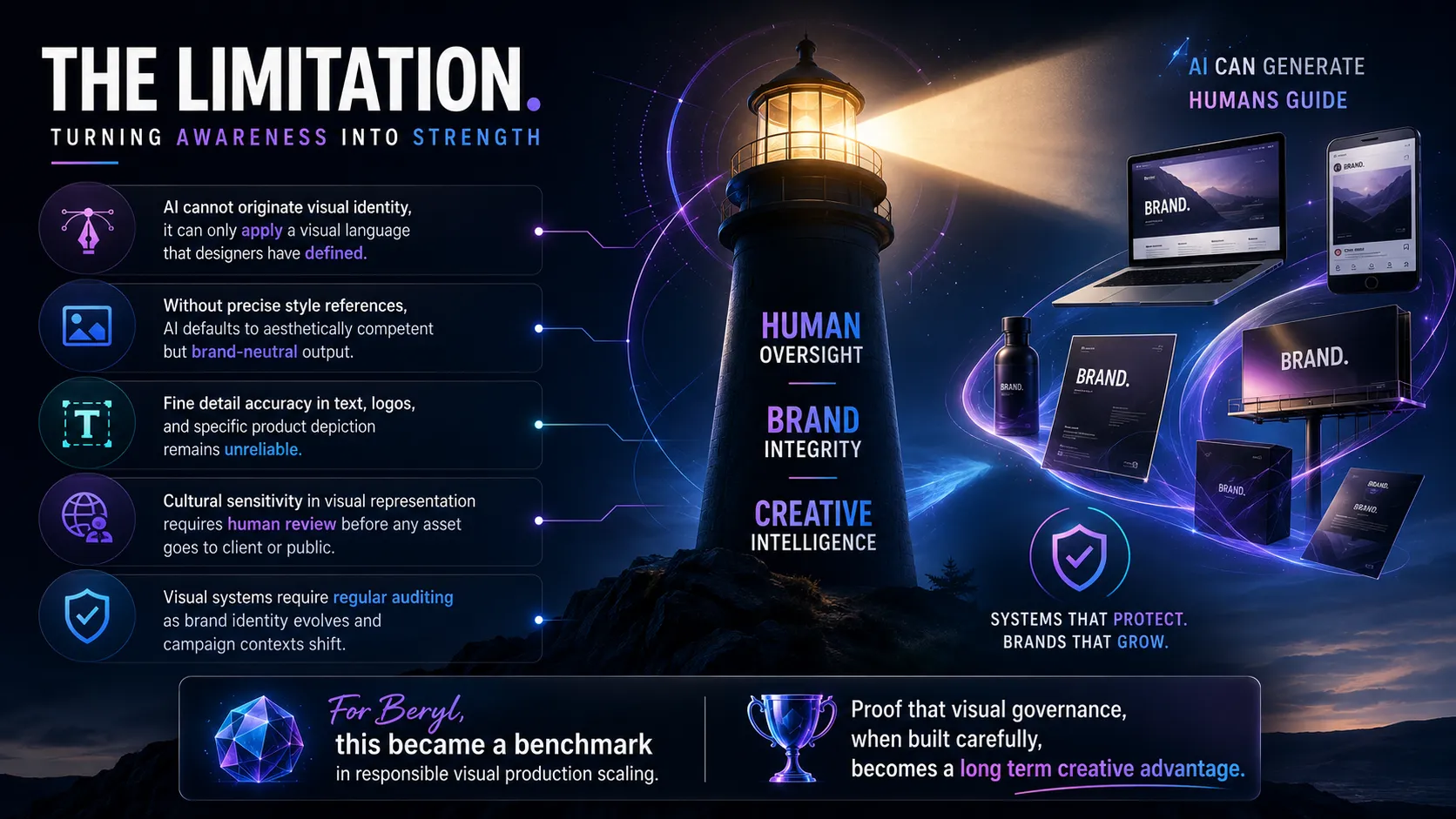 Infographic titled The Limitation shows a lighthouse emitting light toward laptops, tablets, and phones to symbolize brand integrity and human oversight in a digital world.