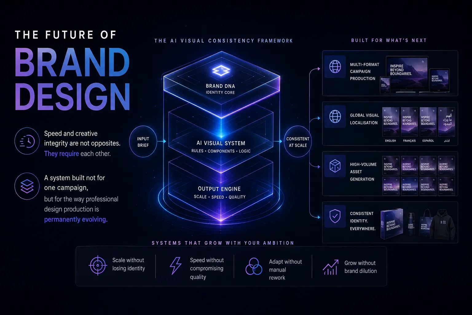 Infographic about brand design: a neon-centered cube labeled Brand DNA and AI Visual System with input on the left and outputs (multi-format production, localization, high-volume assets, consistent identity) on the right.]|The Future of Brand Design—neon infographic showing Brand DNA, AI Visual System, and an output engine feeding multi-format campaigns, localization, assets, and identity across channels.