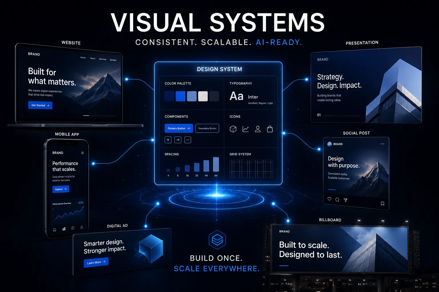 Central schematic of a digital design system with glowing blue UI grid labeled Design System, surrounded by devices and ads showing branding across web, mobile, social, and billboards.
