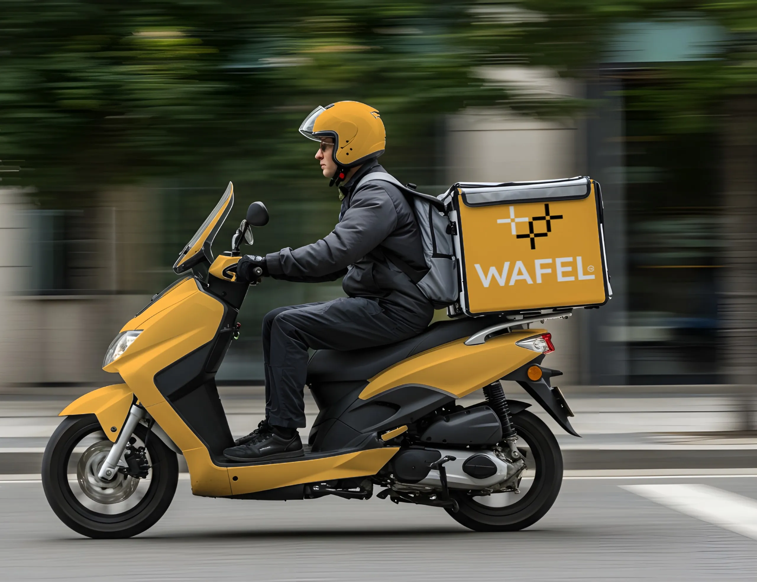 Delivery rider in a yellow helmet on a yellow scooter with a large insulated WAFFEL box attached to the back, riding through blurred scenery.