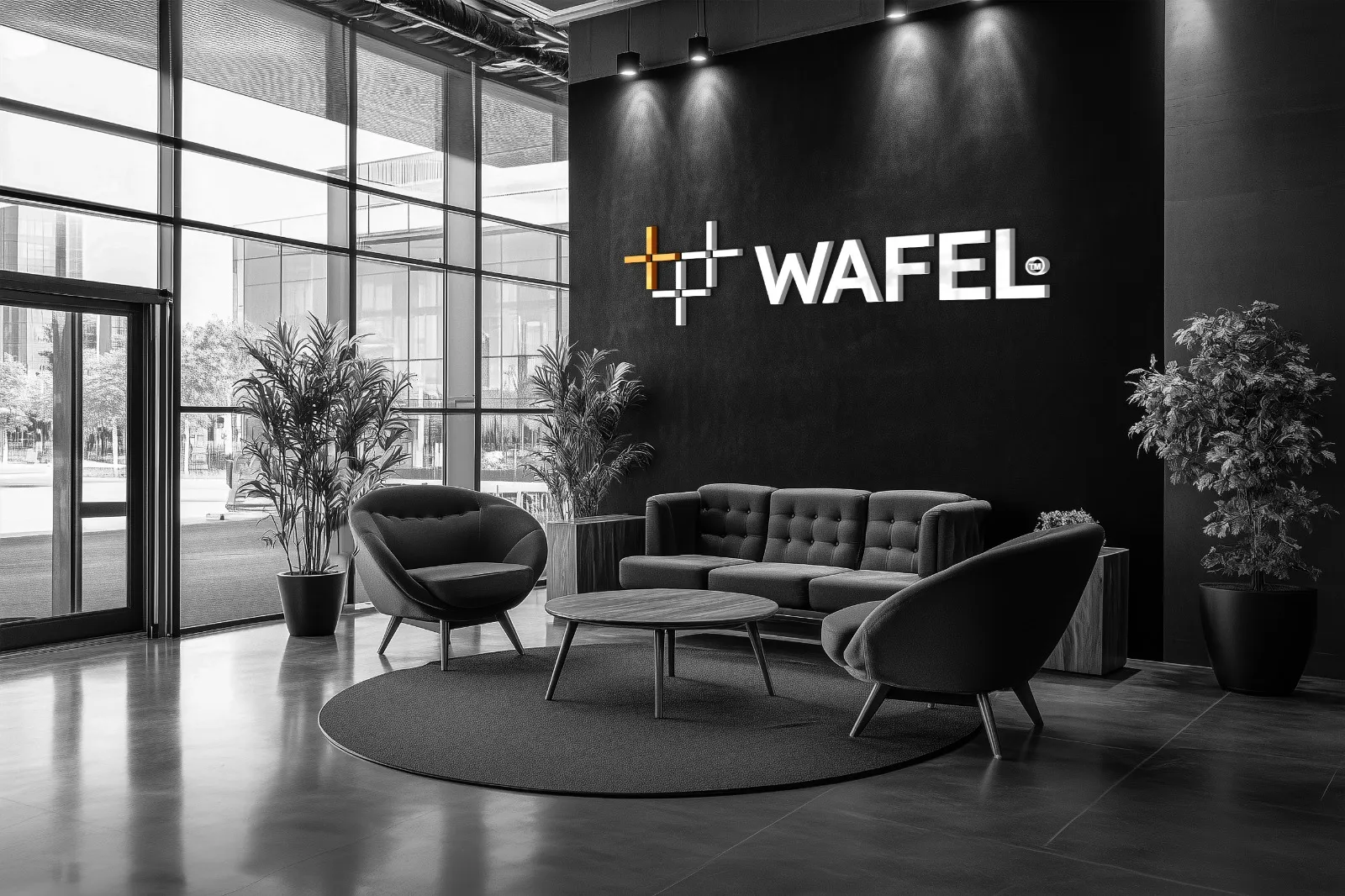 Modern office lobby with a black wall featuring the WAFEL logo, a round rug, and gray seating surrounded by potted plants.