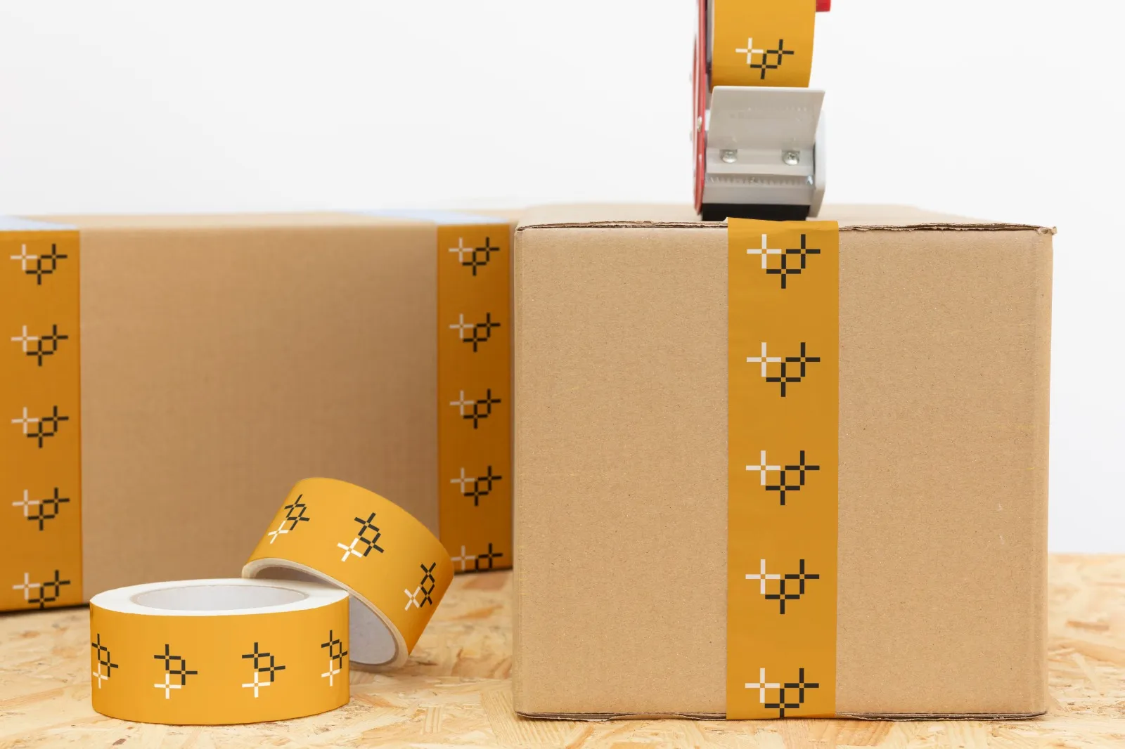 Brown cardboard boxes sealed with orange tape featuring a white pixel cross logo; packing scene.