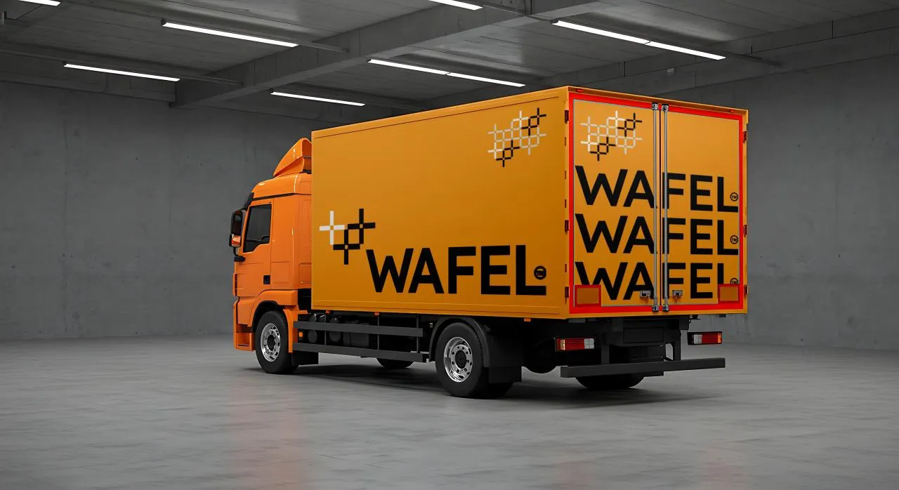 Orange delivery truck with a large yellow cargo box inside a warehouse; back doors show the word WAFEL repeatedly.