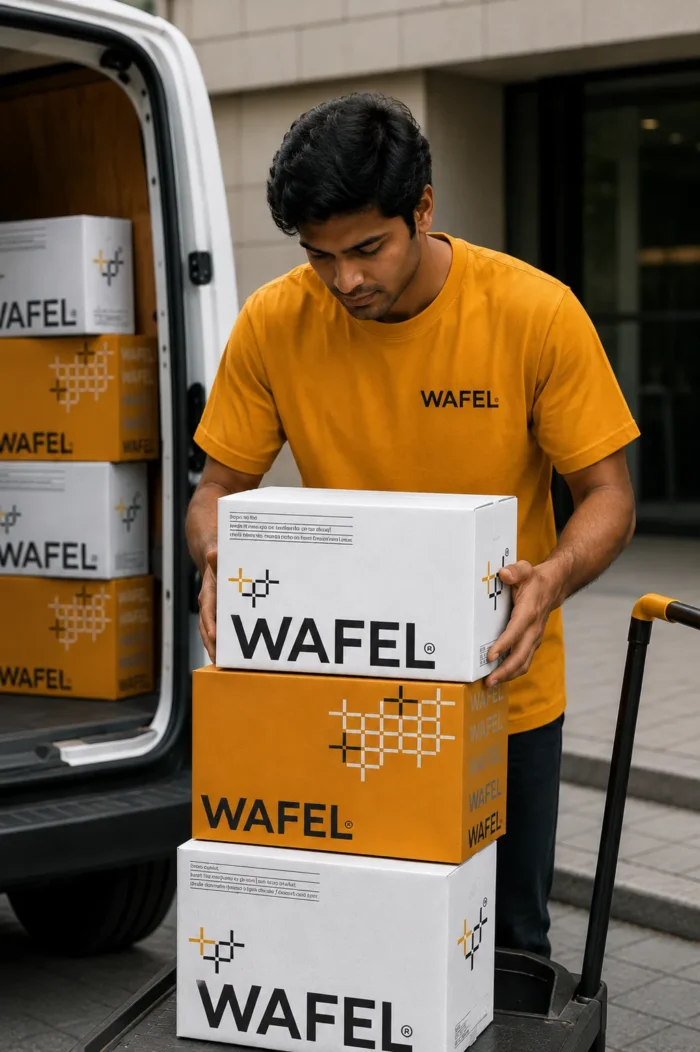 Delivery worker in a yellow WAFEL shirt stacks white and orange WAFEL boxes from a van onto a dolly/hand truck.