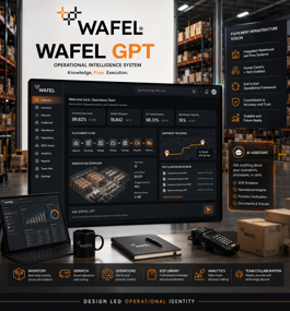 Marketing image for WAFEL GPT—an operational intelligence system—showing dark dashboards on desktop/tablet/laptop within a warehouse setting.