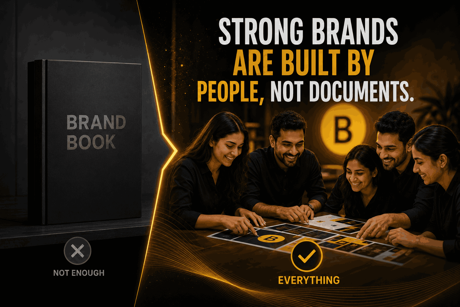 Group of five coworkers around a branding board game; headline says strong brands are built by people, not documents.
