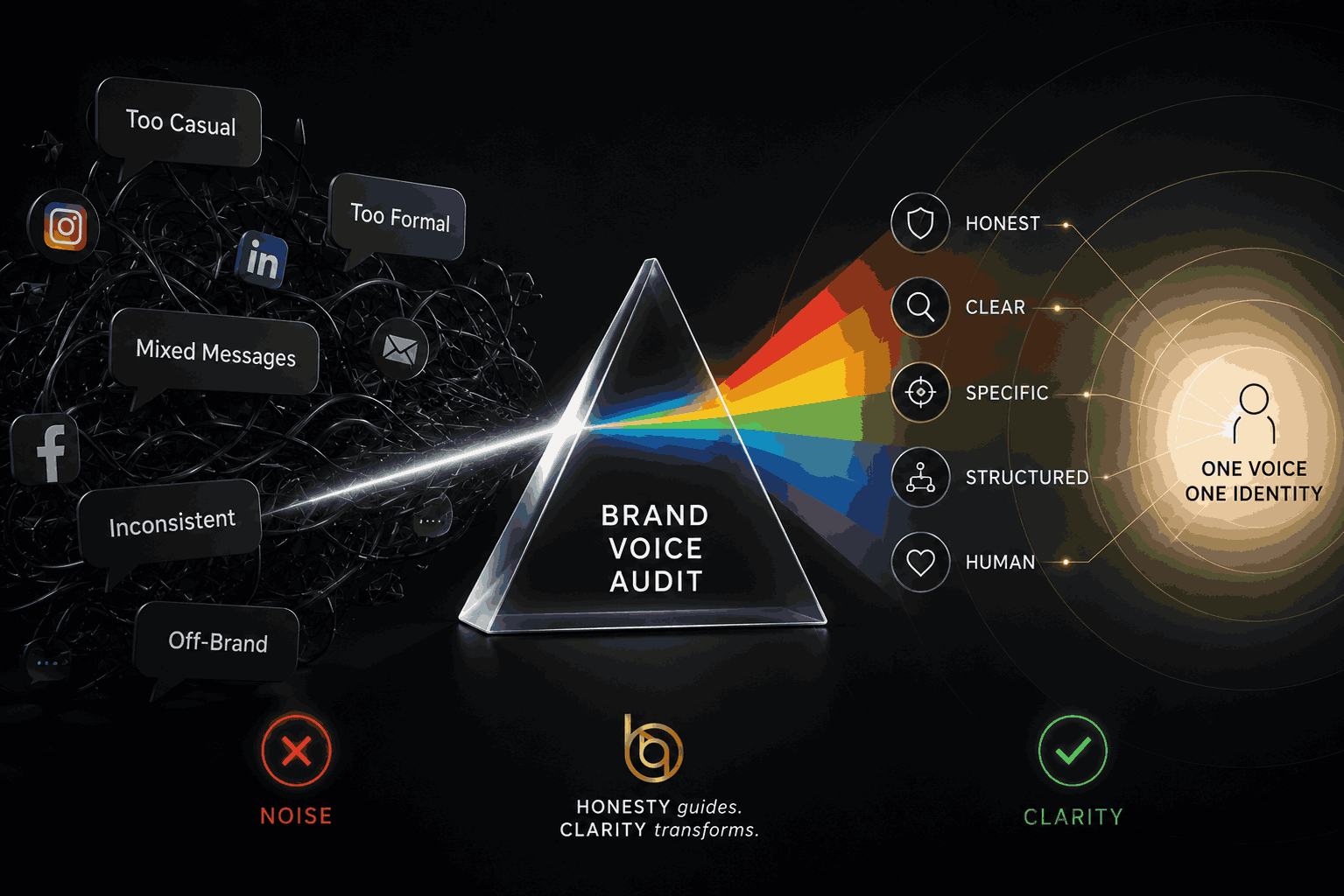 Brand Voice Audit illustration showing a prism dispersing colors from chaos on the left (noise) to clarity on the right, with labels like Too Casual, Too Formal, Mixed Messages, and One Voice One Identity.