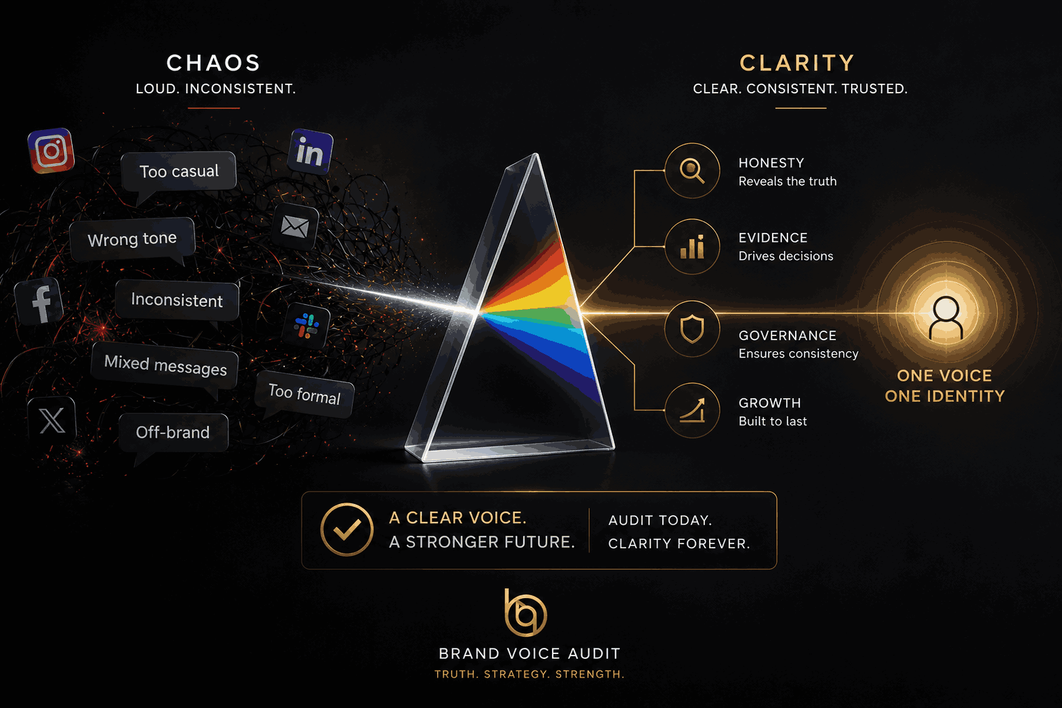 Infographic: chaotic social messages on the left, prism in the center, leading to clear, trusted identity on the right with One Voice One Identity.
