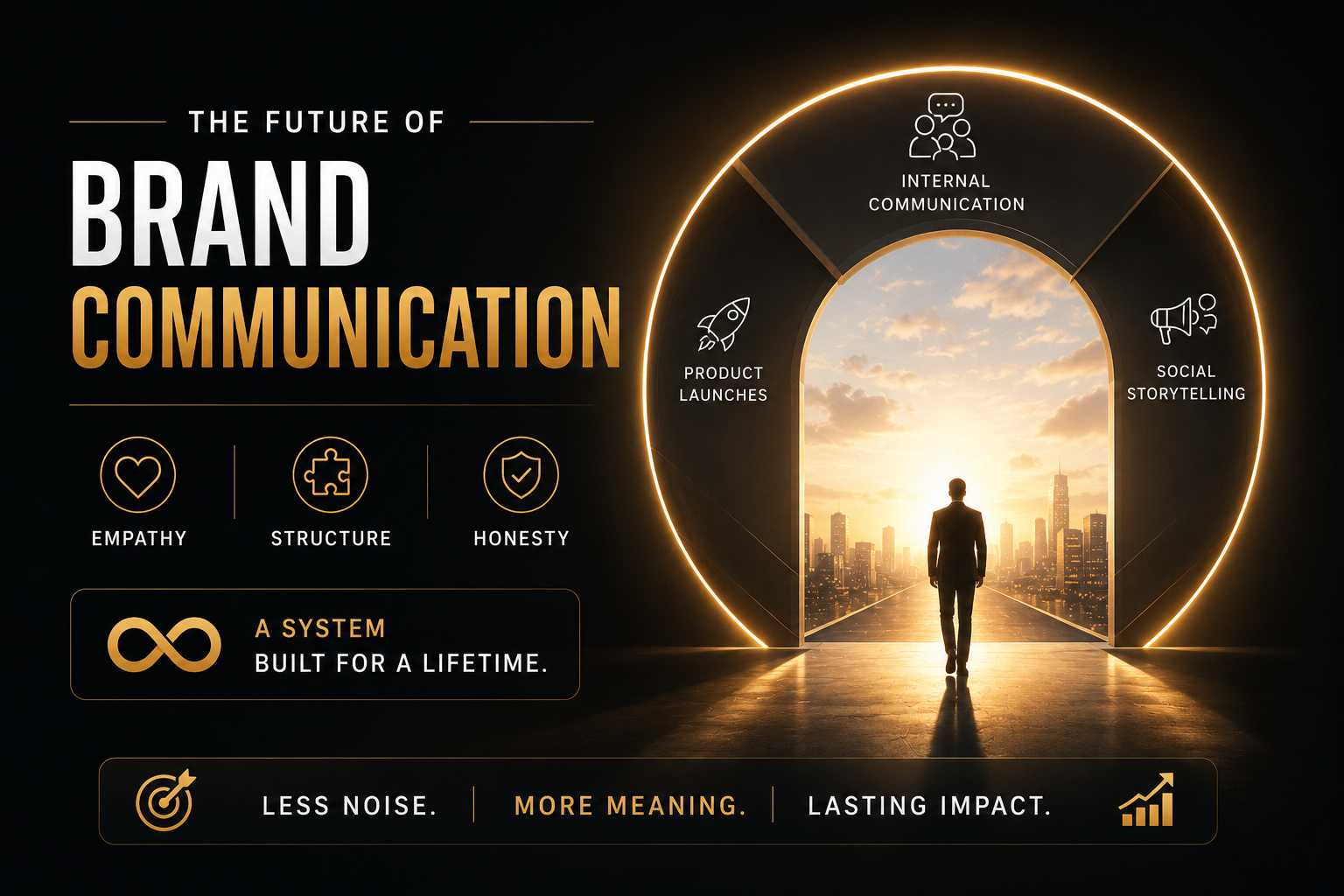 Brand communication infographic: a person walks toward a glowing city through a circular arch, highlighting internal comms, product launches, and social storytelling with values like empathy, structure, and honesty.
