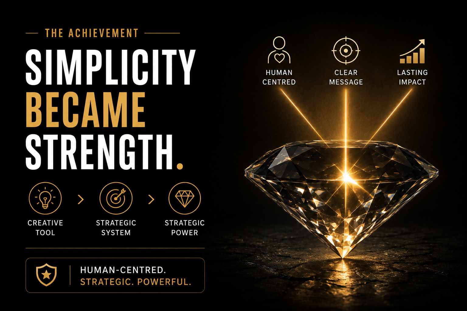 Poster-style graphic: bold white and gold text 'SIMPLICITY BECAME STRENGTH' beside a glowing diamond on a black background with gold icons labeled 'HUMAN CENTRED', 'CLEAR MESSAGE', 'LASTING IMPACT'.