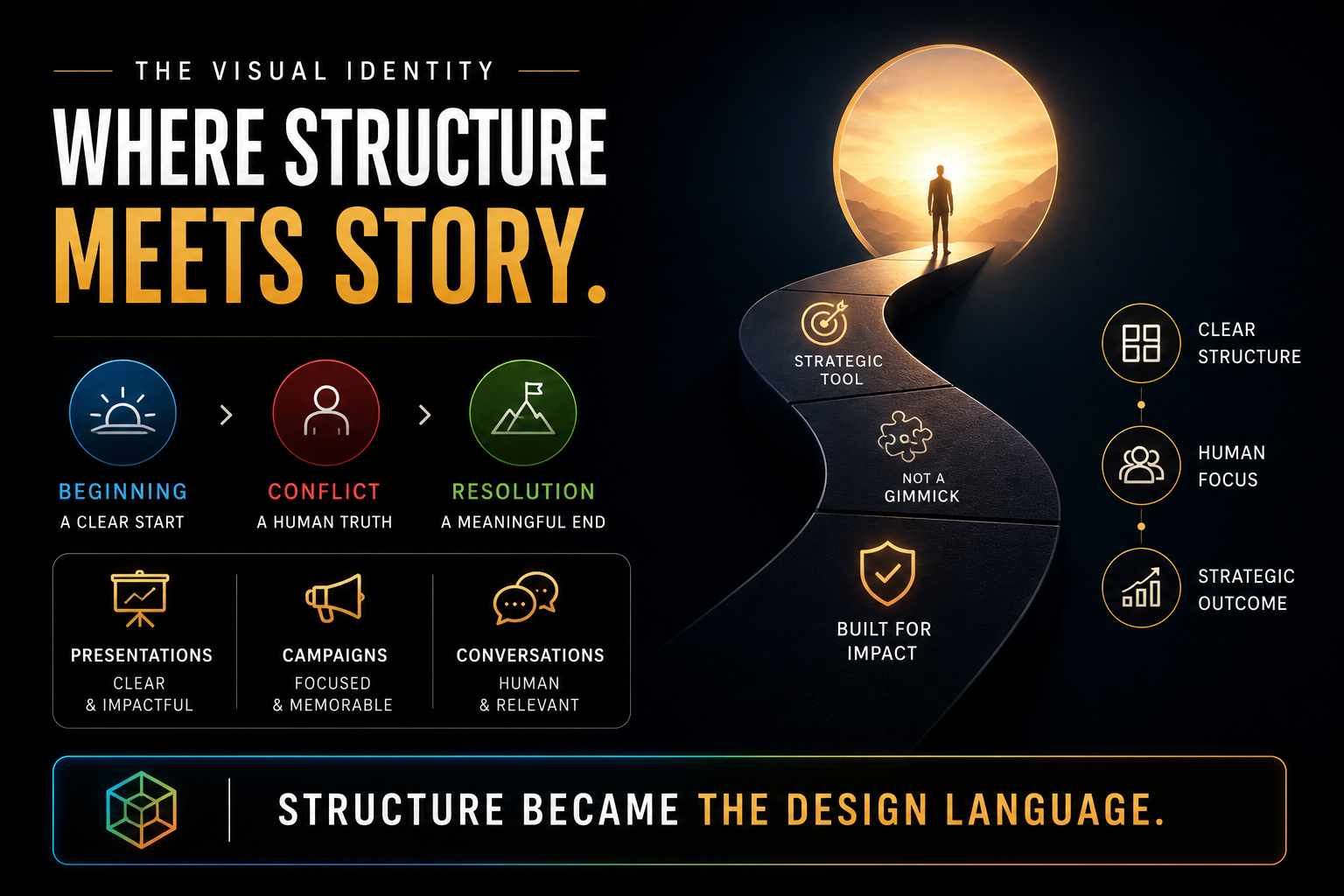 Infographic: 'Where Structure Meets Story' with a winding path and icons about beginning, conflict, resolution, and impact for design language.