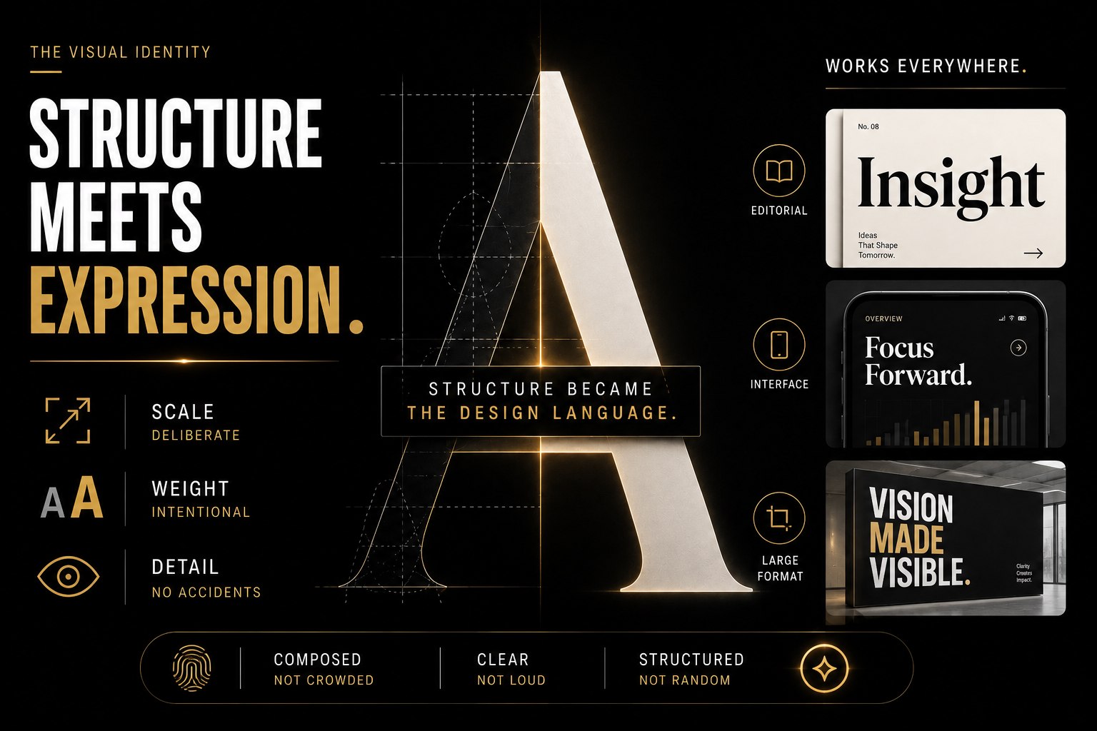 Infographic poster about 'Structure Meets Expression' with a large glowing A, blueprint grid, and side panels labeled Insight and editorial.