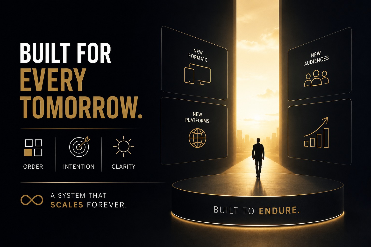 Promotional hero with bold 'Built for Every Tomorrow' text, three icons for order/intention/clarity, and a person walking toward a glowing doorway between panels labeled New Formats, New Platforms, New Audiences; 'Built to Endure' on the platform.