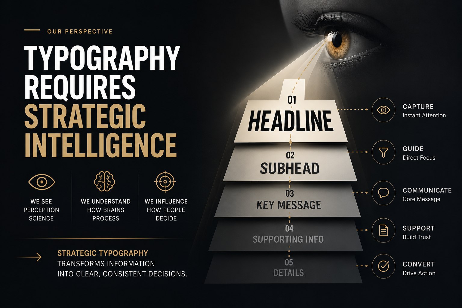 Infographic: pyramid of typography strategy with eye on the right and bold headline text on the left; five levels labeled Headline to Details and related icons on the side.