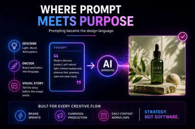 Infographic about AI-generated prompts: describe, encode, visual story, AI generates; right panel shows a green bottle on rocks under purple light.