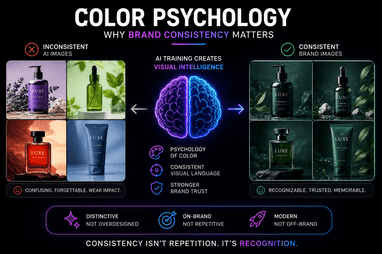 Infographic showing color psychology: branding consistency boosts recognition with two sides of inconsistent vs consistent brand colors and a brain icon on center. (concise overview)