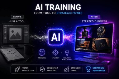 Infographic comparing AI as a basic tool (Before) to AI as a strategic power (After), with benefits like faster production, consistent branding, stronger impact, and strategic advantage.