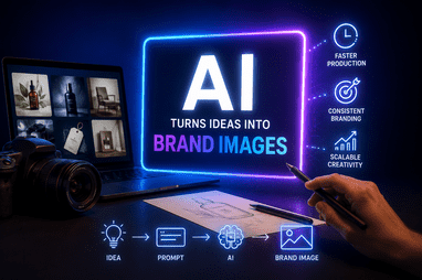 Neon-lit display reads 'AI turns ideas into BRAND IMAGES' with a hand pointing, a laptop showing photo thumbnails, and a camera nearby.