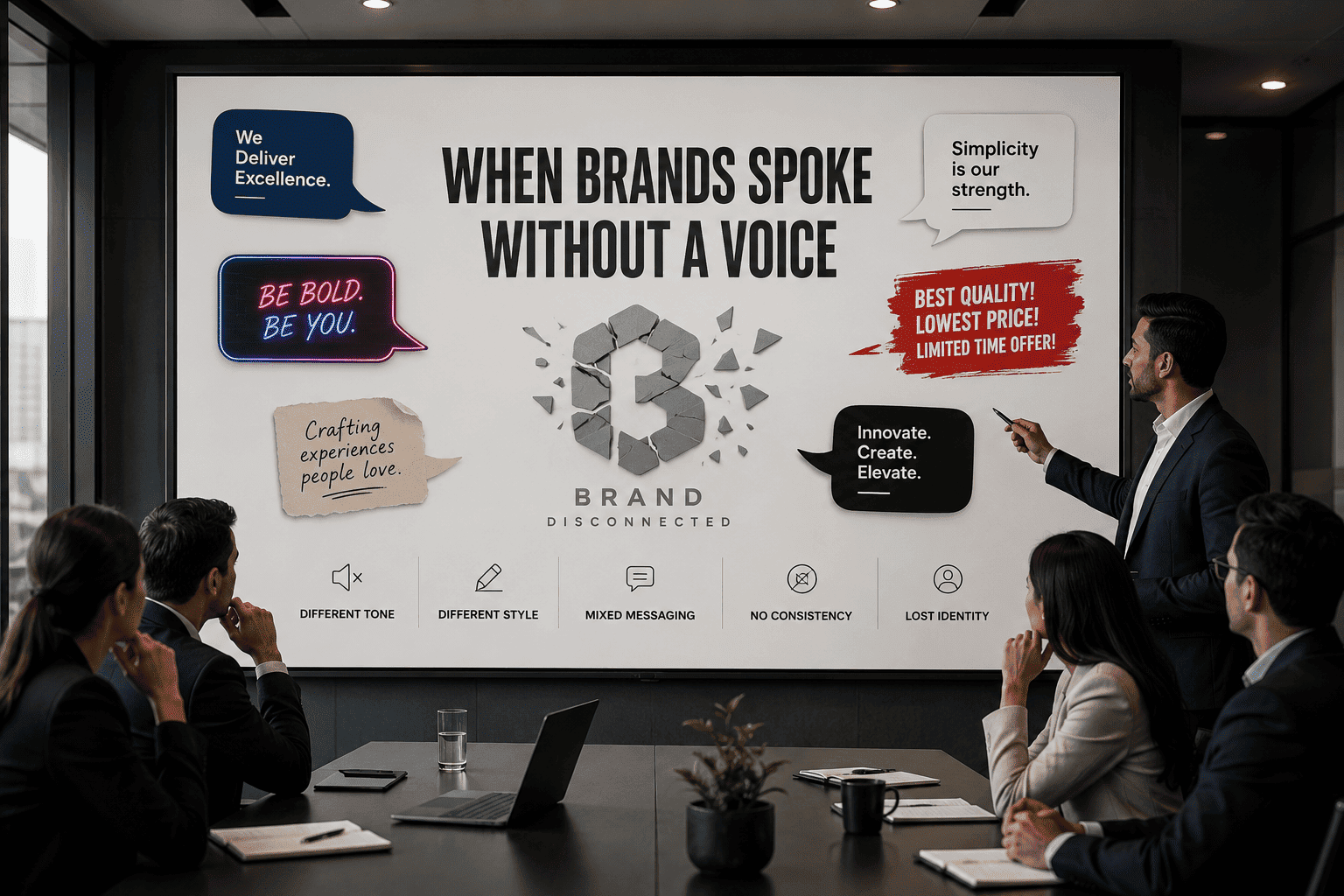 Conference room with a large presentation slide: 'When brands spoke without a voice' surrounded by speech bubbles, a broken central logo, and attendees watching intently.