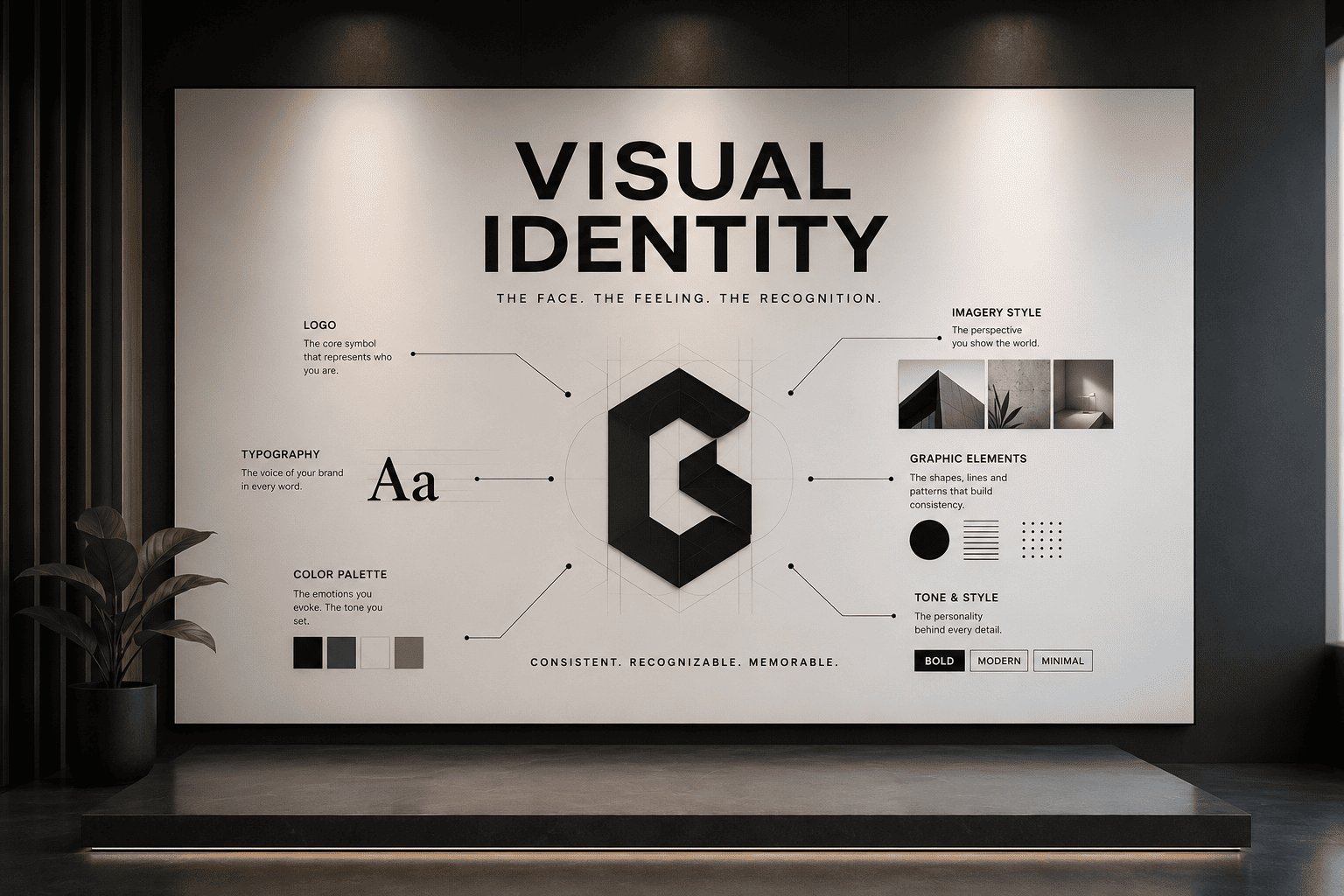 Large wall poster titled Visual Identity with a central geometric logo and labeled sections on typography, color palette, and imagery style.