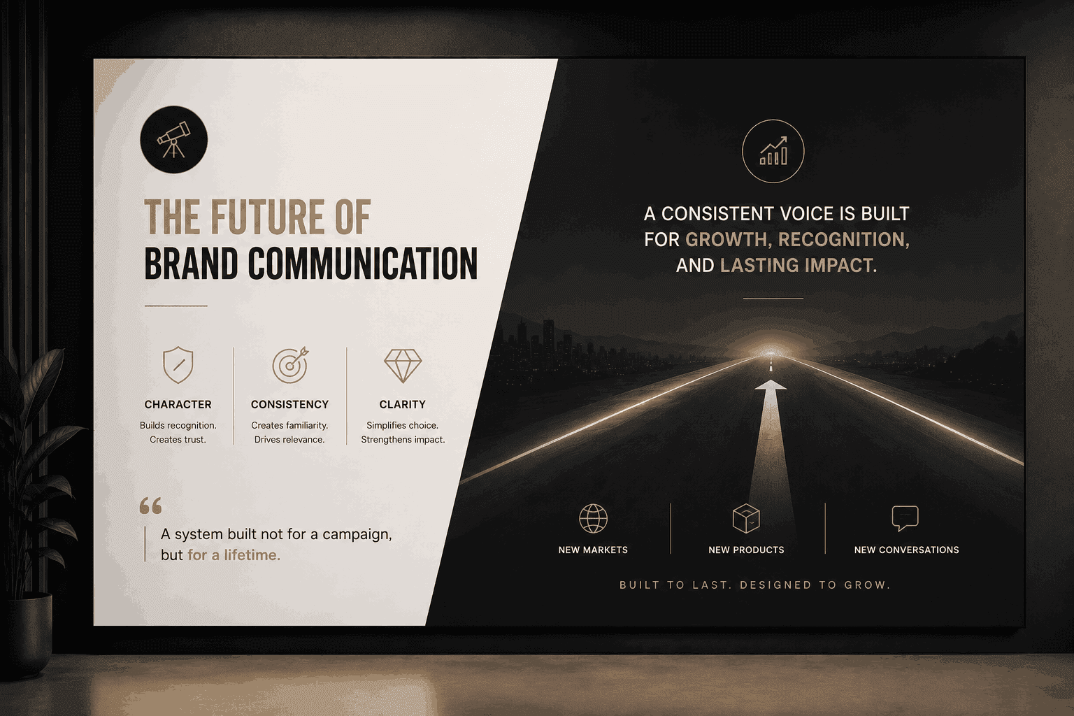 Split-screen infographic: left beige panel with the title 'The Future of Brand Communication' and icons for Character, Consistency, Clarity; right dark panel shows a road to the horizon with growth text and symbols.