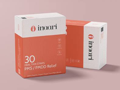 Two Inaari product boxes on a pink background; the orange box reads '30 Oral Thin Strips PM5 / PMD Relief' with a white top, and a second box stands behind it.