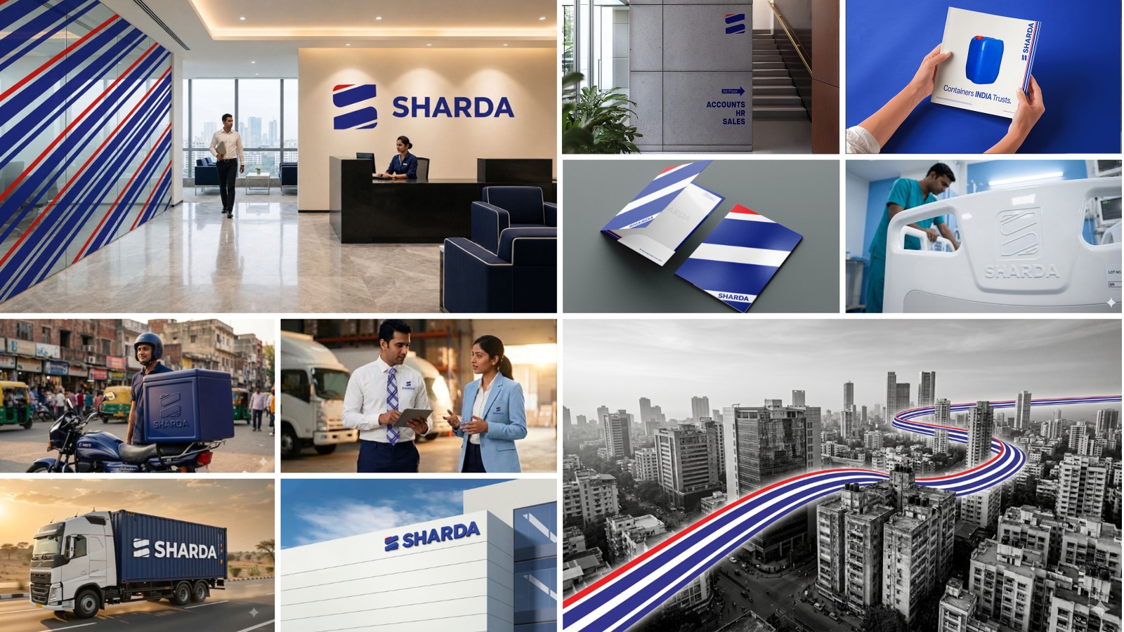 SHARDA office lobby with blue wall logo and seating area; modern reception scene