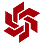 Red abstract logo of interlocking angular shapes forming a hexagon-like emblem