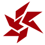 Abstract red geometric logo with interlocking arrow-like shapes forming a starburst pattern