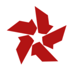 Abstract red five-blade pinwheel design on a dark background, suggestive of a stylized logo