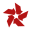 Abstract red five-blade pinwheel design on a dark background, suggestive of a stylized logo